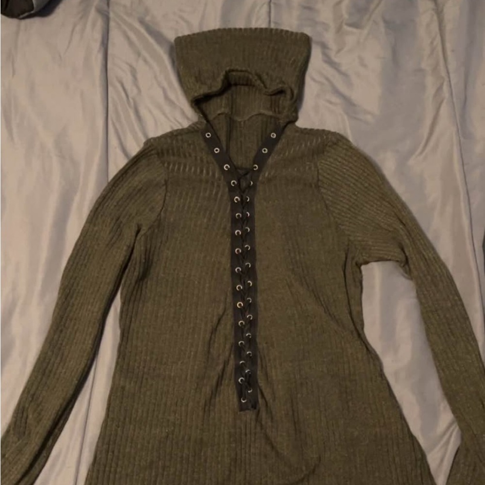 Olive Sweater with Lace-Up Detail and turtleneck
